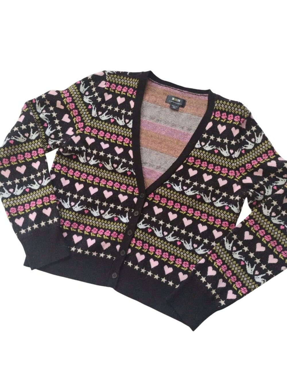 Anthropologie Maeve Heart Dove Print Cardigan M Coquette Sweet Crop Sweater